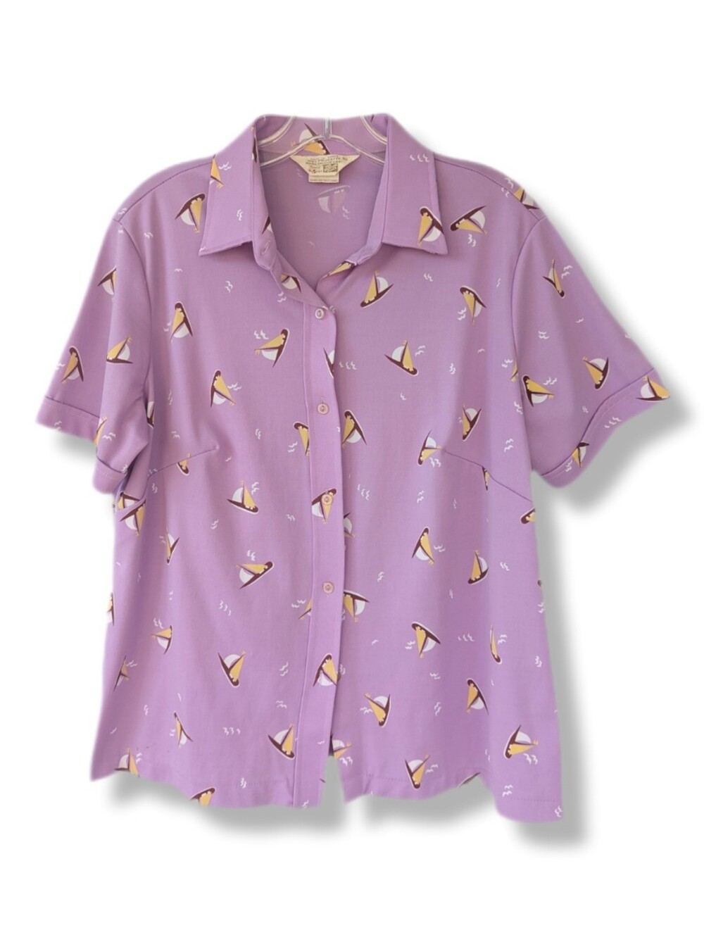 Vintage 70's Women's Sears Purple Sailboat Print Button Front Shirt